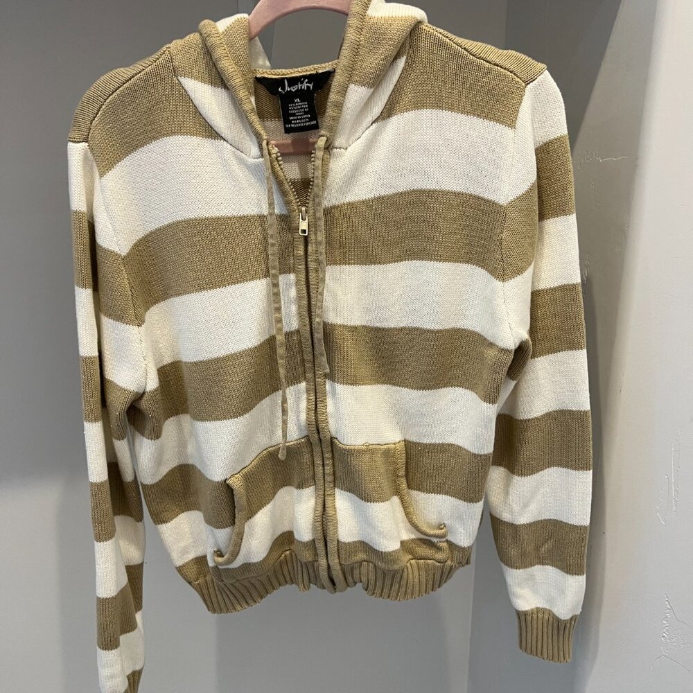 Sweater-Knit Tan & Off-White Striped Hoodie